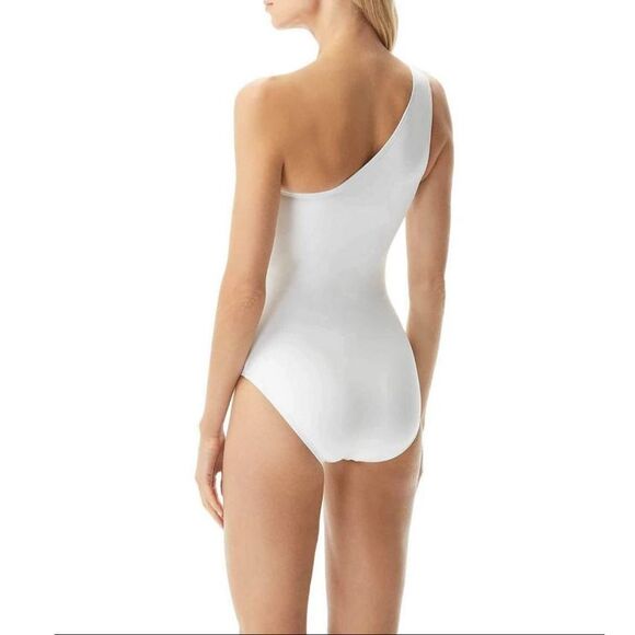 White One Shoulder Ring Detail Swimsuit Modern Classic Chic Summer - Size 8 - Picture 2 of 4